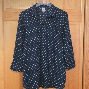 Cabi Style # 5019 Blouse Top Small‎ Navy Blue Green 3/4 Sleeve Martini